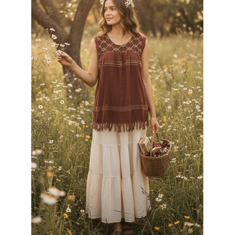 Embroidered Knit Top M/L Geometric Cottagecore Boho Fairycore Neutral Vintage